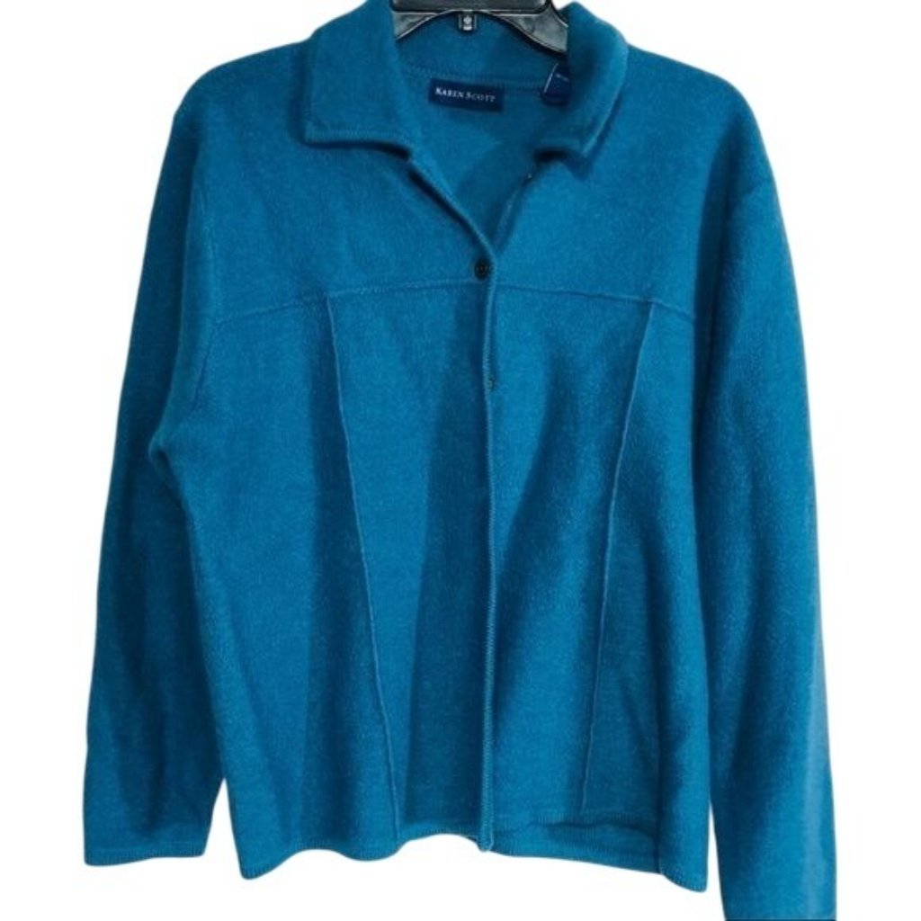 Karen Scott Wool Blend Cardigan Sweater Button Front Blue Womens